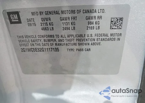 2016 Chevrolet Impala Limited Ltz z USA, uszkodzony, nr VIN 2G1WC5E32G1117135